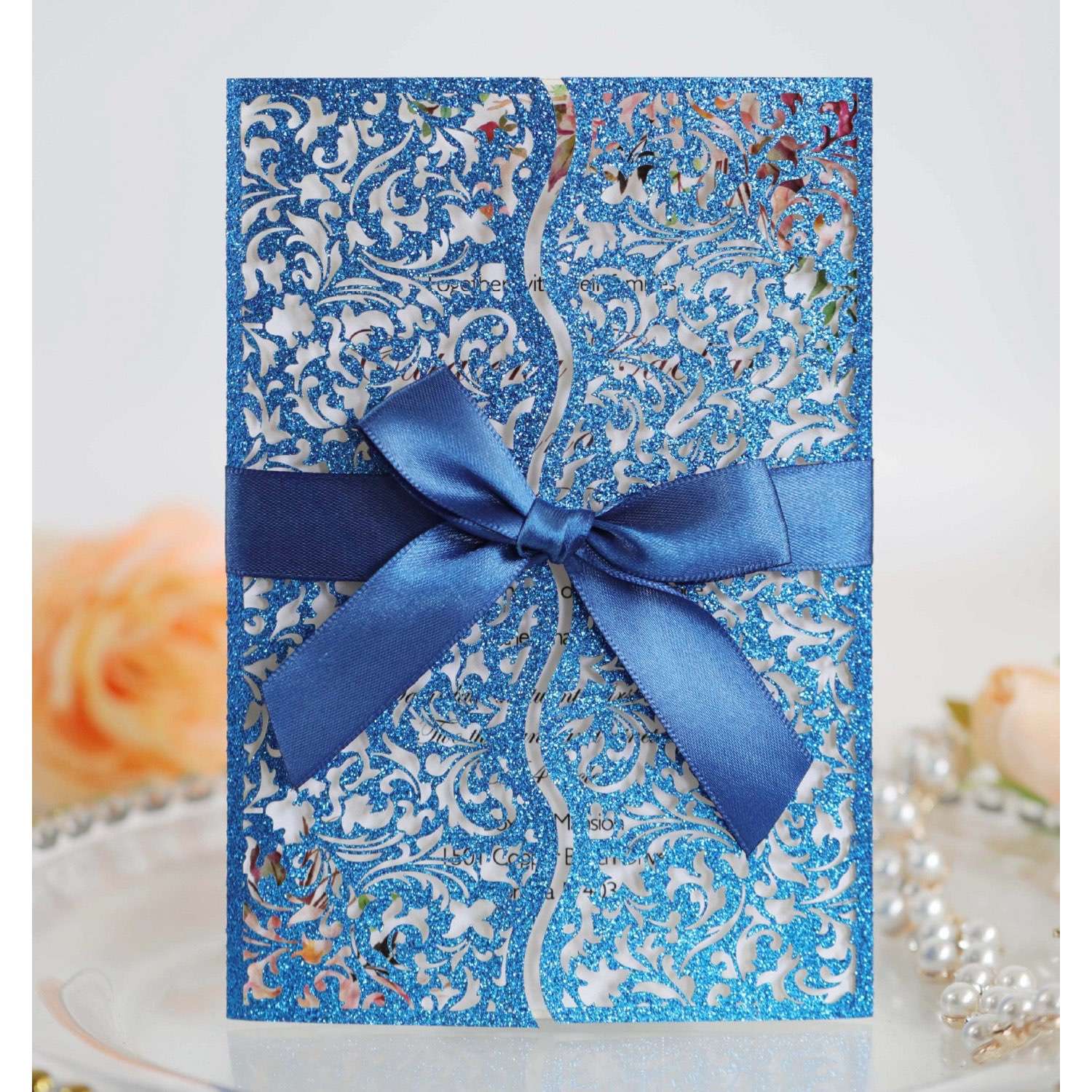 Marriage Invitation Card With Ribbon Bow Laser Cut Glitter Paper Wedding Supplies